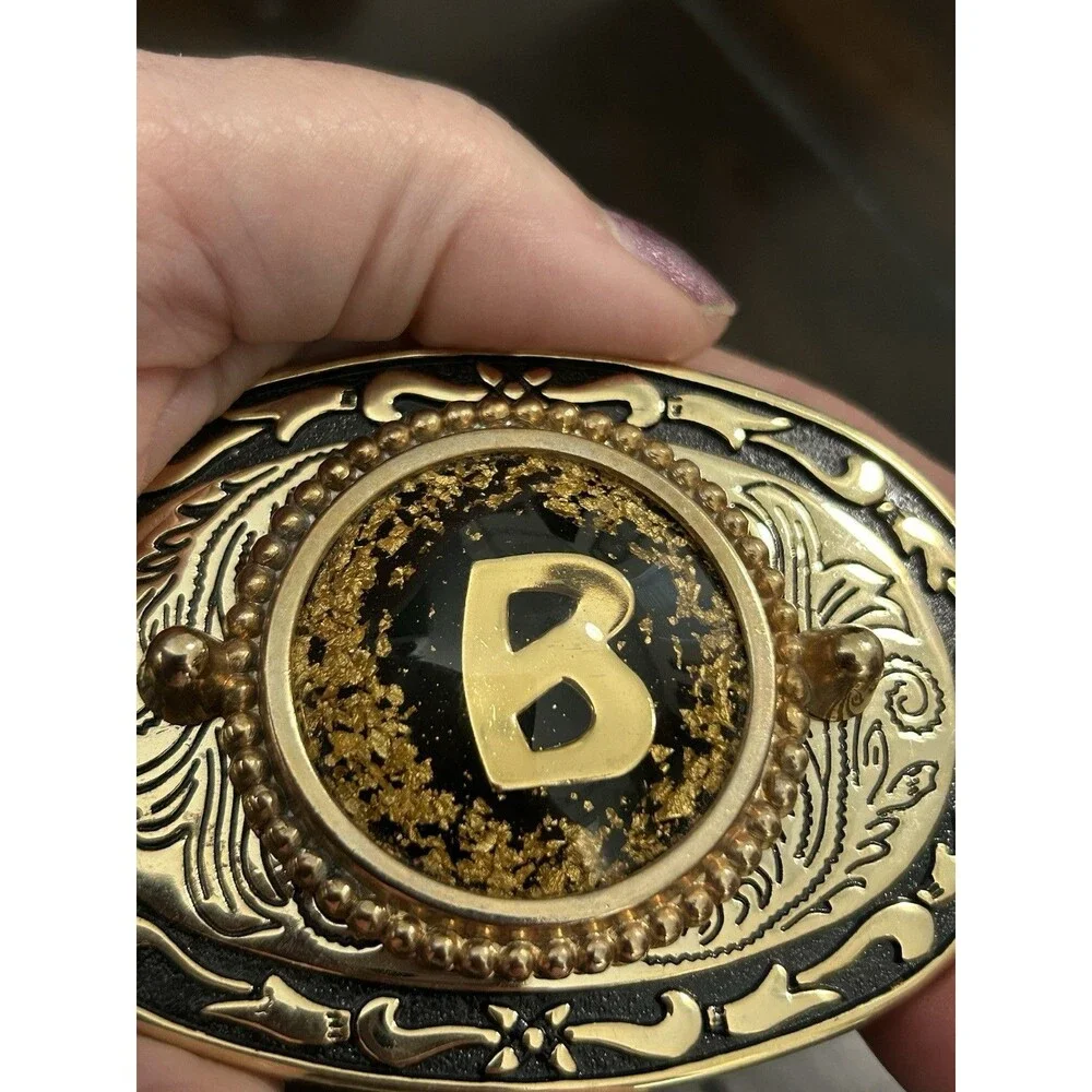 Western Americana Belt Buckle Black Gold Floral Scroll Design With B Initial